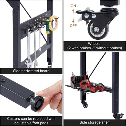 48" Adjustable Height Workbench with Pegboard, Work Benches for Garage, Heavy Duty Wood Top Work Bench with Wheels, 2000 LBS Load Capacity, Rolling Work Table with Outlet Storage Shelf Hooks