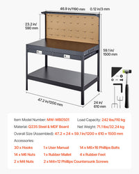 VEVOR Workbench 242.5 Lbs 47.2-Inch Heavy Duty Workbench with Pegboard Outlets