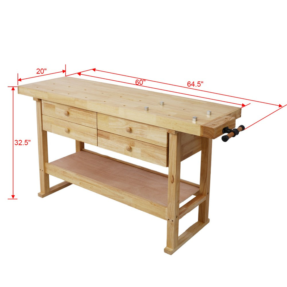 60In Workbench with 4 Drawers Wooden Workbench for Garage Workshop and Home