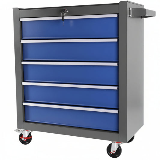 Rolling Tool Chest Built to Organize, 5 Drawer Steel, Ball Bearing Slides, Locking Wheels