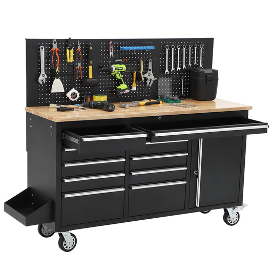 Tool Chest Workbench, 61-Inch Rolling Tool Chest with Wheels, 10 Drawers, Multifunctional Tool Cart Mechanic Tool Storage Cabinet for Garage, Assembled Large Tool Box Storage Cabinet, Black