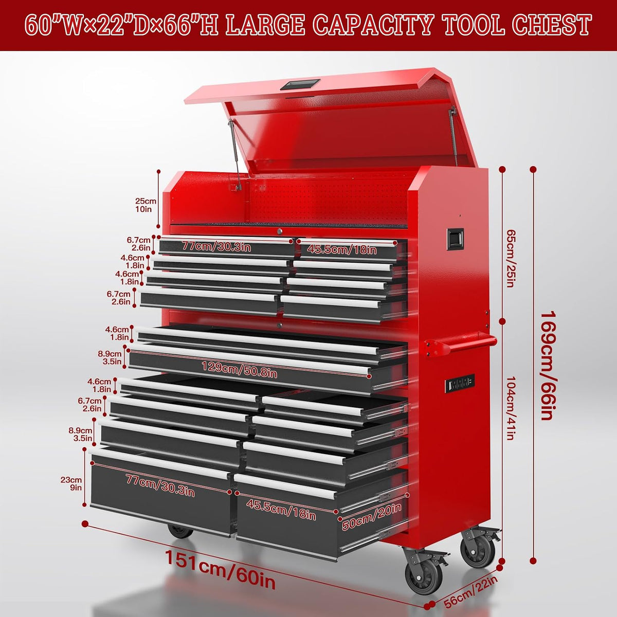 Tool Chest 18-Drawer | 66'' Large Rolling Tool Chest with Wheels | Detachable Top Metal Tool Box with Gas Struts | Lockable Rolling Tool Cabinet with Liners,Power Strip | Garage, Repair Shop, Workshop