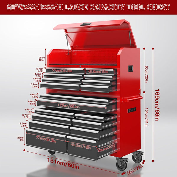 Tool Chest 18-Drawer | 66'' Large Rolling Tool Chest with Wheels | Detachable Top Metal Tool Box with Gas Struts | Lockable Rolling Tool Cabinet with Liners,Power Strip | Garage, Repair Shop, Workshop