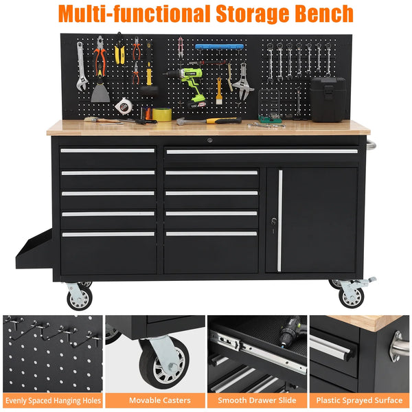 Rolling Tool Chest Workbench Built for Professional Use, 61-Inch Steel Frame, 10 Drawers, 1675 lb Capacity