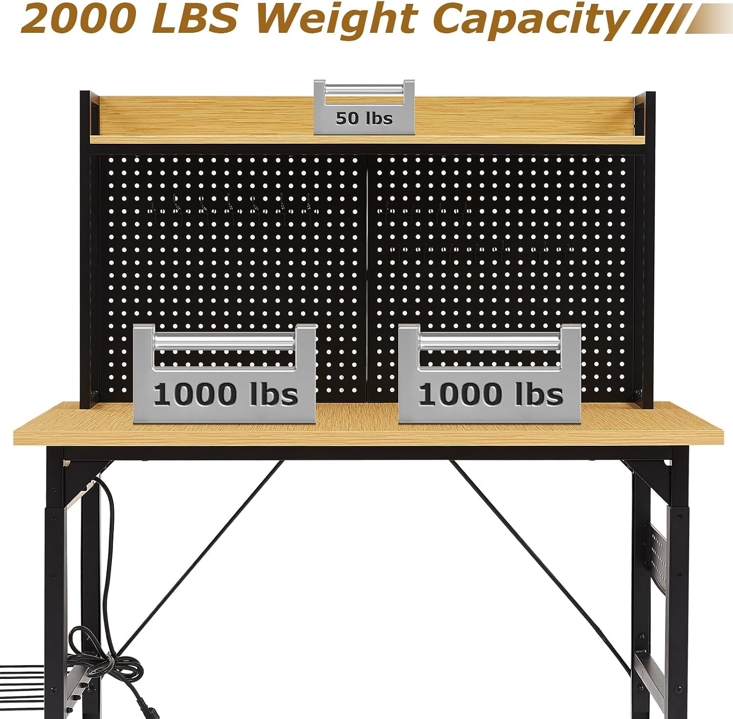 48" Adjustable Height Workbench with Pegboard, Work Benches for Garage, Heavy Duty Wood Top Work Bench with Wheels, 2000 LBS Load Capacity, Rolling Work Table with Outlet Storage Shelf Hooks