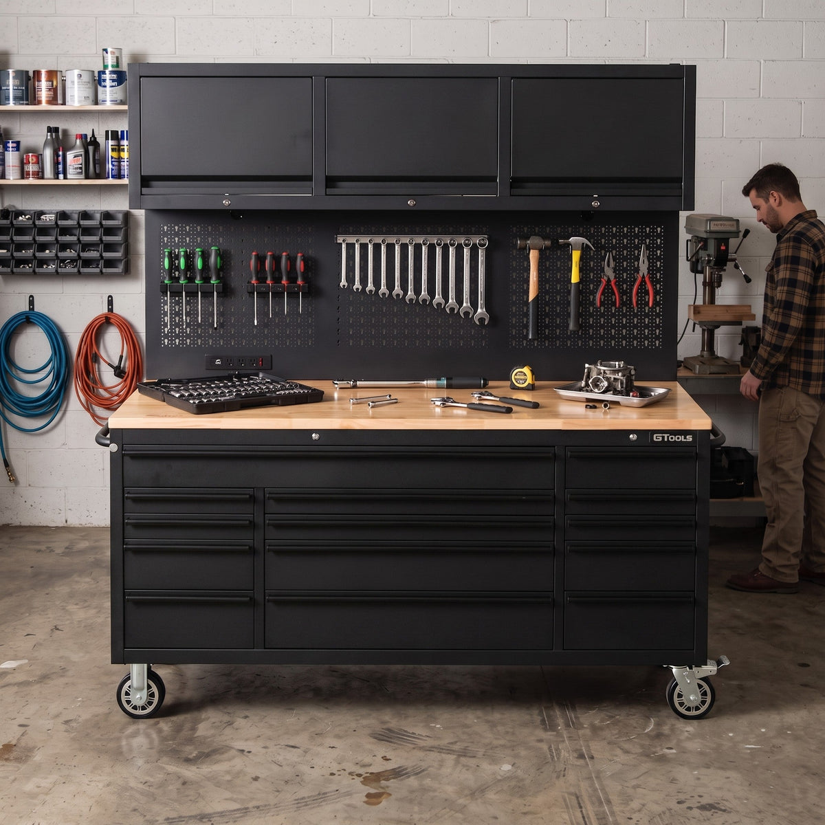 Overhead Pro 72" Rolling Tool Chest | 79" Tall | 24" Deep | 14 Drawers | Overheads | Pegboard & Power Strip