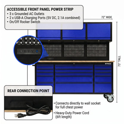 72 inch Rolling Tool Chest with Light & Power Strips, Workbench, Upper Cabinets & Pegboard