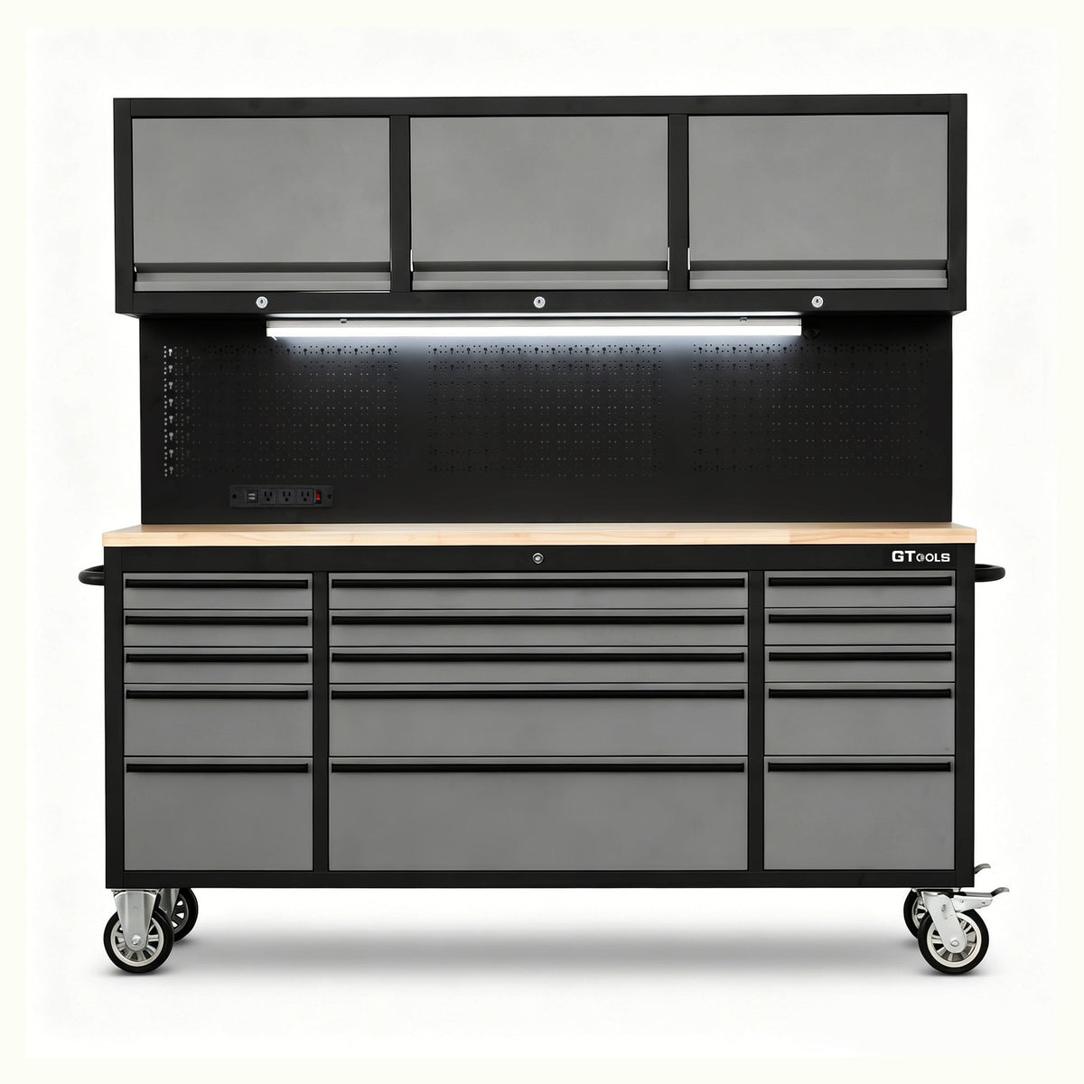 72 inch Rolling Tool Chest with Light & Power Strips, Workbench, Upper Cabinets & Pegboard