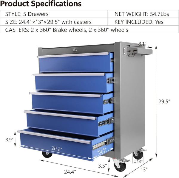 Rolling Tool Chest Built to Organize, 5 Drawer Steel, Ball Bearing Slides, Locking Wheels
