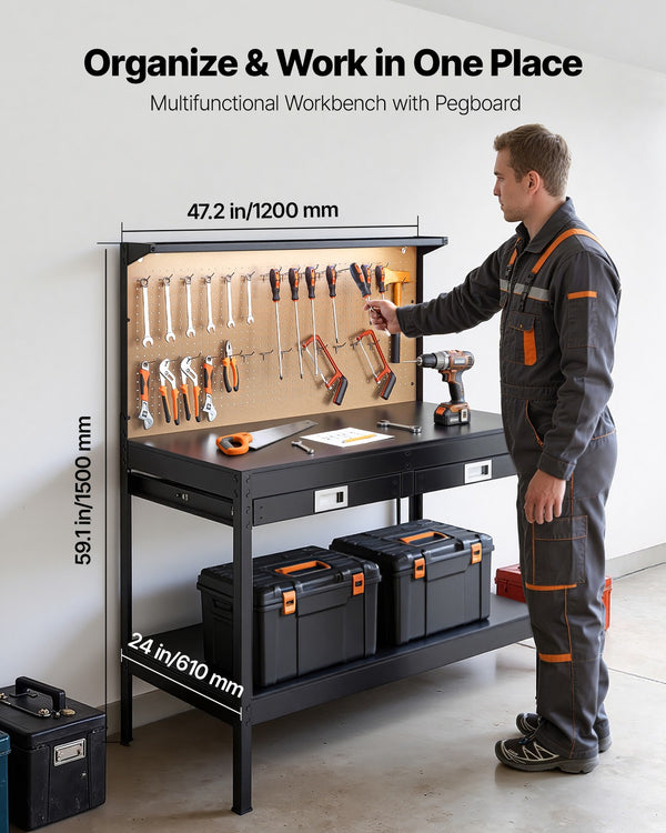 Heavy Duty Workbench Built for Pro Projects, 47.2-Inch Steel Frame, Pegboard Storage, LED Lighting