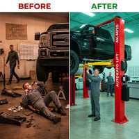 12000 Lbs Extra Height 167Inch 2 Post Lift Two Post Car Lift AK-M120 Auto Lift Car Lift Hoist 2 Post Car Lift (Extra Height, Red) — Before & After
