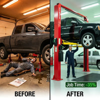 Two Post Car Lift Built to Handle 12000 lbs, Extra Height Design, Dual Hydraulic Chain Drive, 70 Inch Lift — Before & After