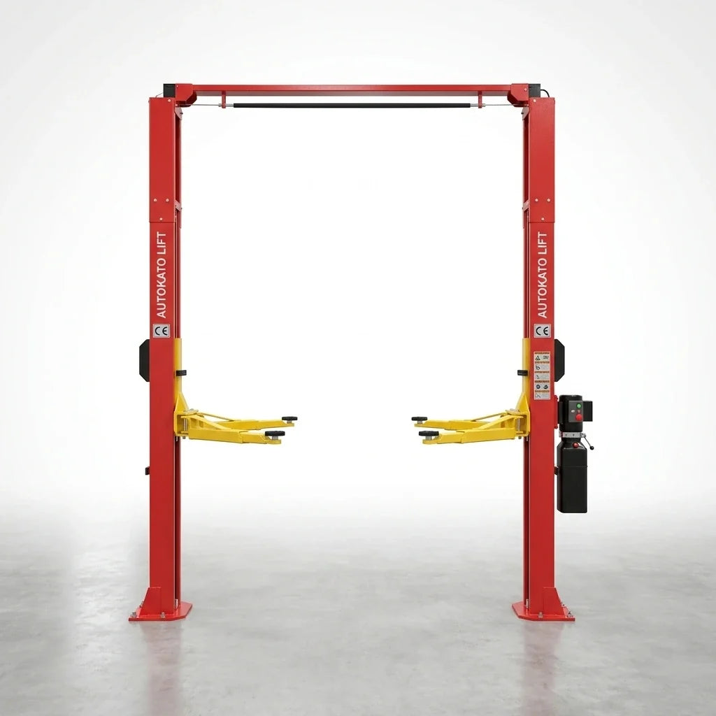 Two Post Car Lift Built to Handle 12000 lbs, Extra Height Design, Dual Hydraulic Chain Drive, 70 Inch Lift — Studio Shot