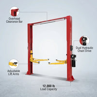 Two Post Car Lift Built to Handle 12000 lbs, Extra Height Design, Dual Hydraulic Chain Drive, 70 Inch Lift — infographic